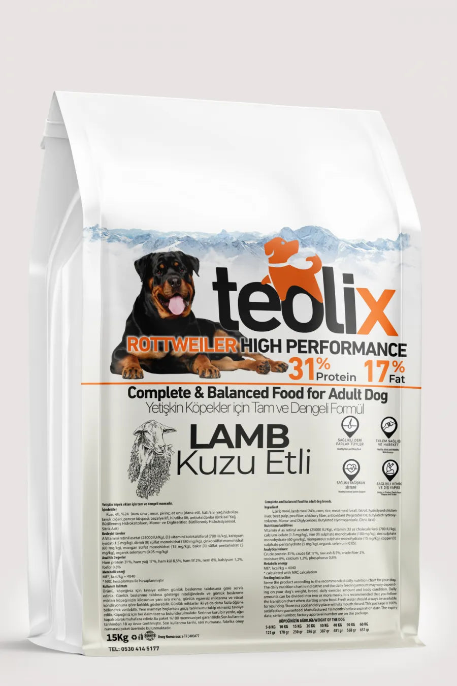 TEOLİX Rottweiler Kuzu Etli Yetişkin Köpek Maması 15 kg